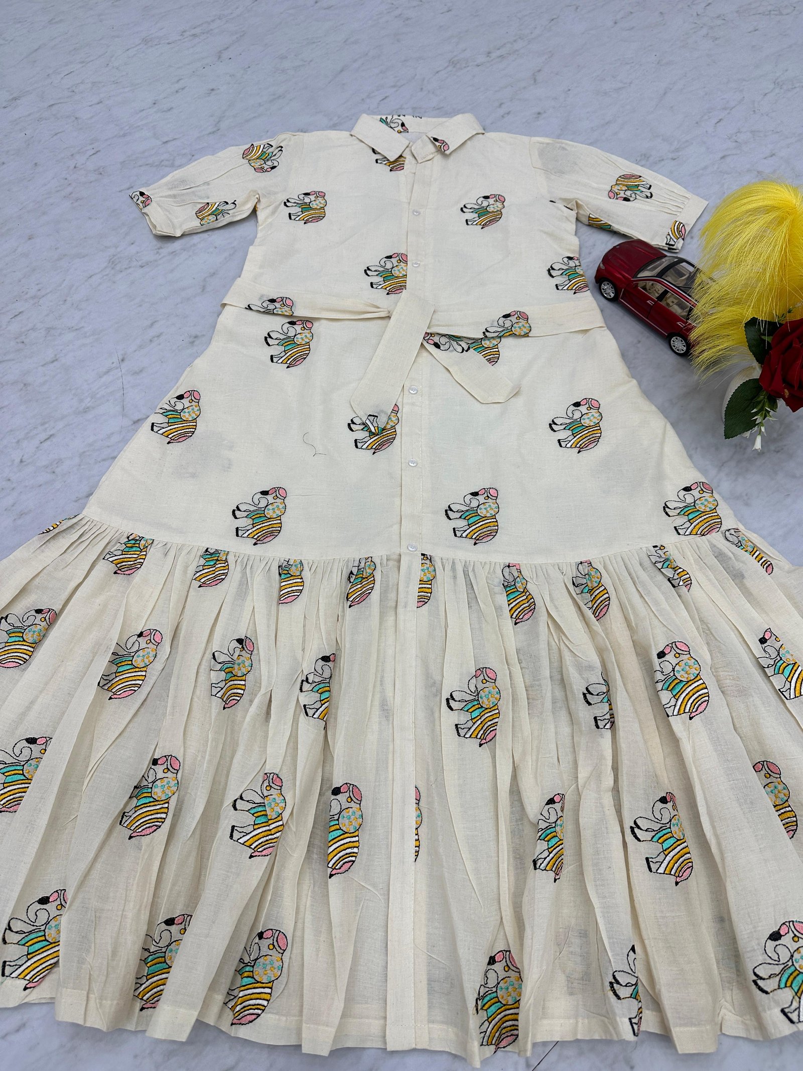 Cream Cotton Dress with Colorful Elephant Print – Casual & Boho Chic Style